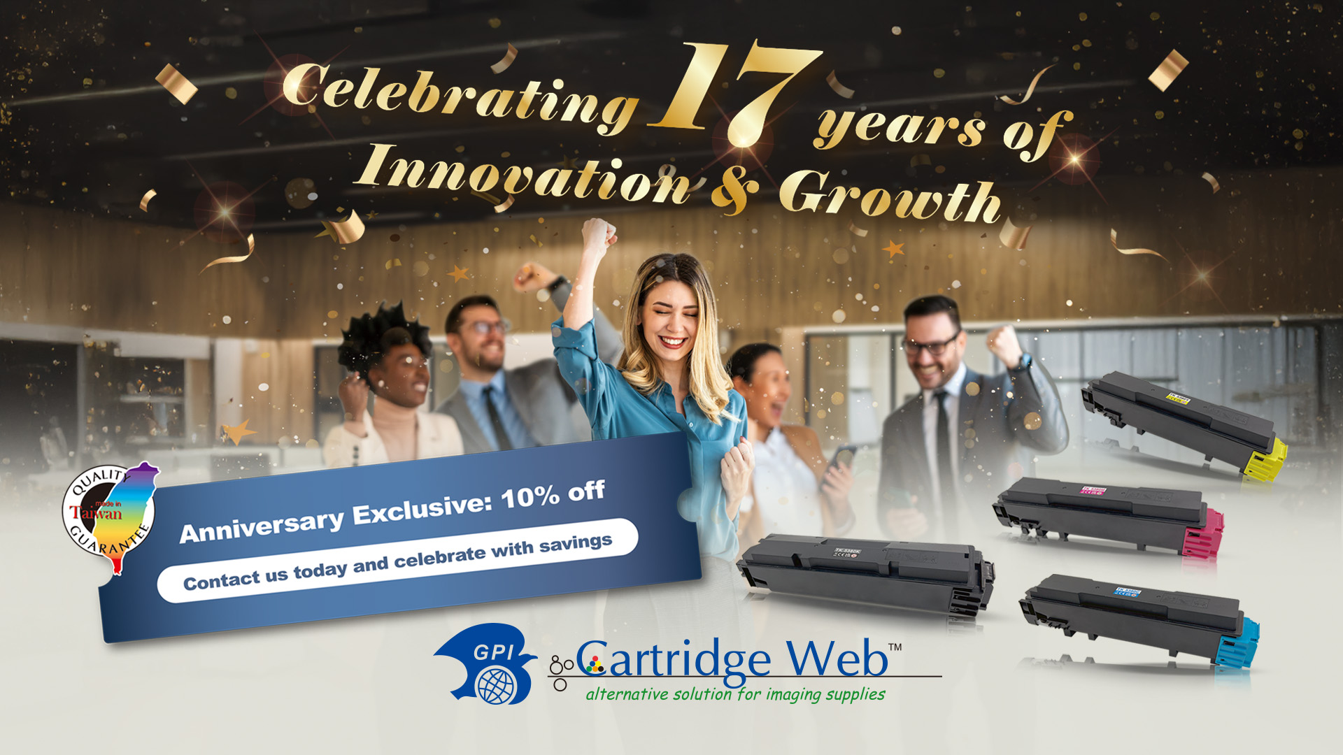 Celebrate Cartridge Web's 17th anniversary with a 10% discount.